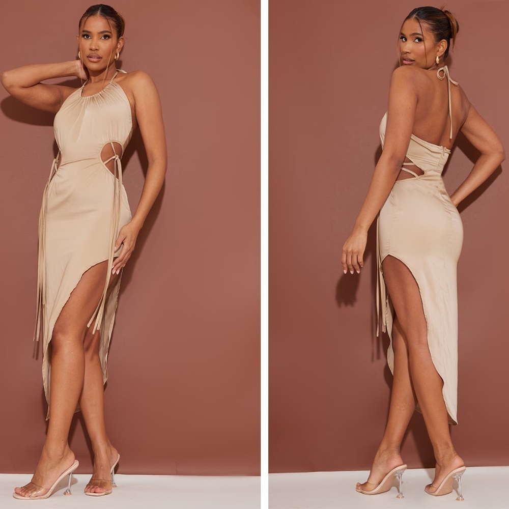Stone Halterneck Cut Out Tie Side Asymmetric Hem Midi Dress